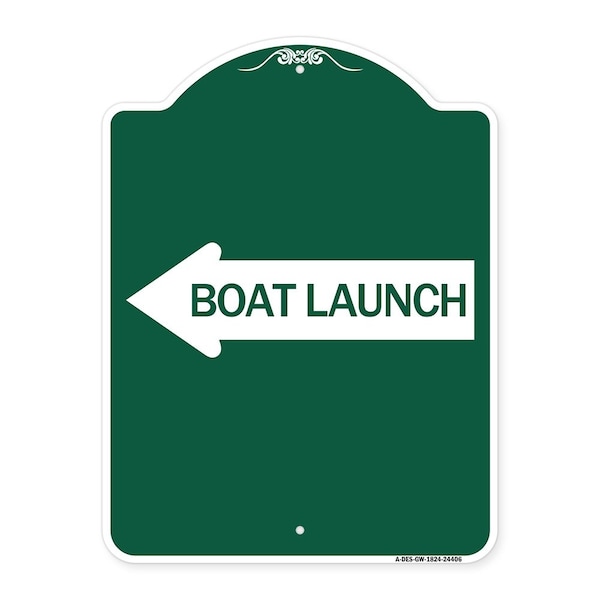 Boat Launch With Left Arrow, Green & White Aluminum Architectural Sign, 18" x 24", GW-1824-24406